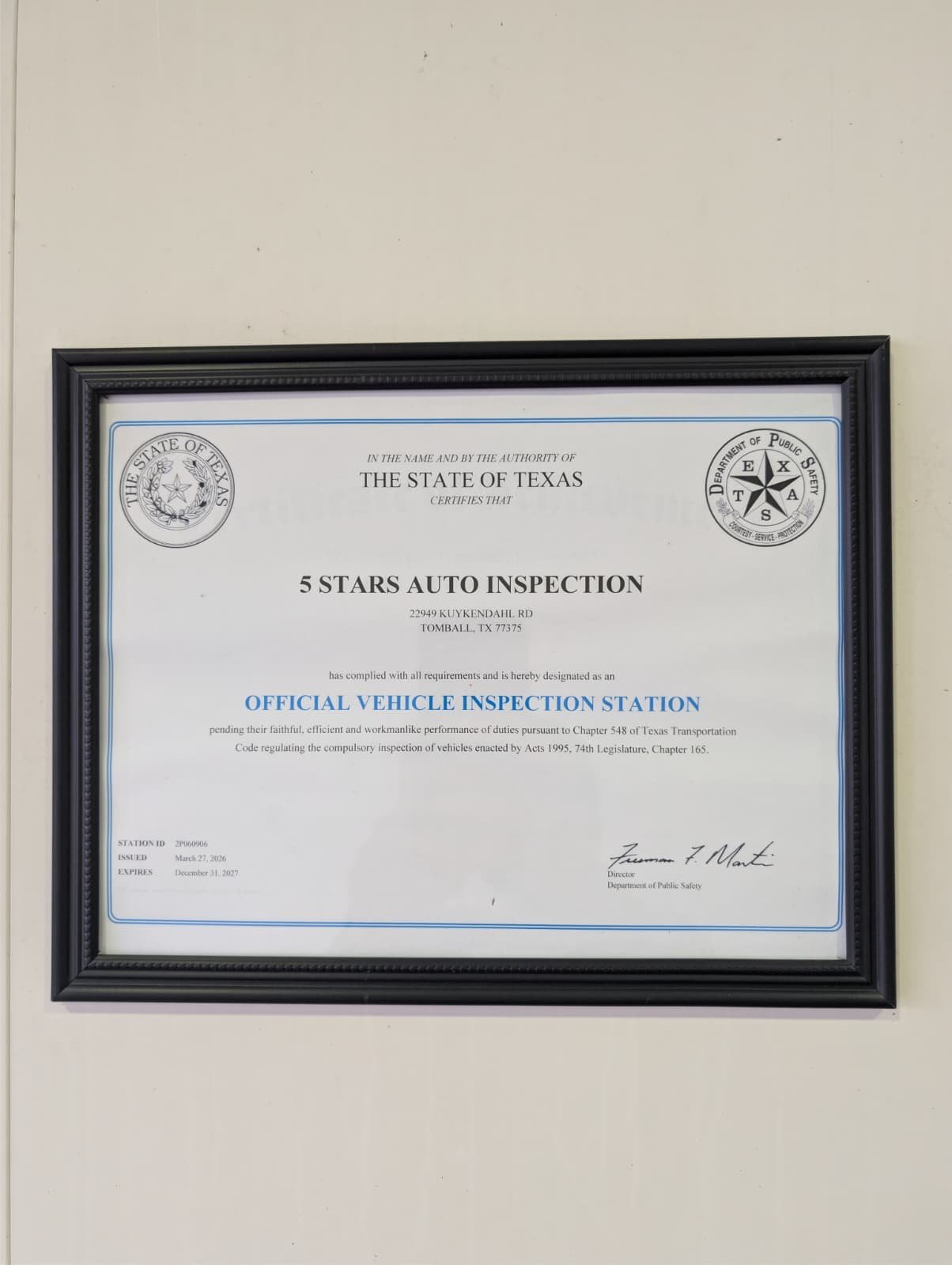 Official Vehicle Inspection Station certificate